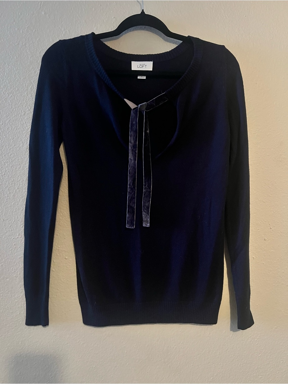 LOFT Navy Velvet Tie-Front Crewneck Sweater